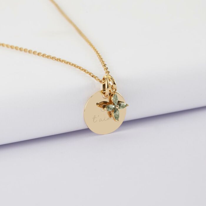 Pendentif enfant personnalisé médaille gravée plaqué or 15 mm et breloque fleur pétales 10 mm