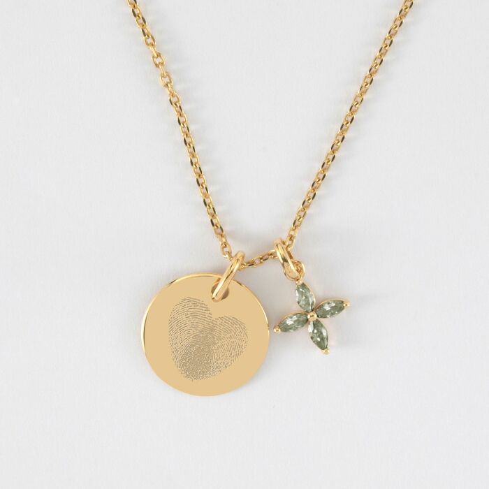 Pendentif enfant personnalisé médaille gravée plaqué or 15 mm et breloque fleur pétales 10 mm