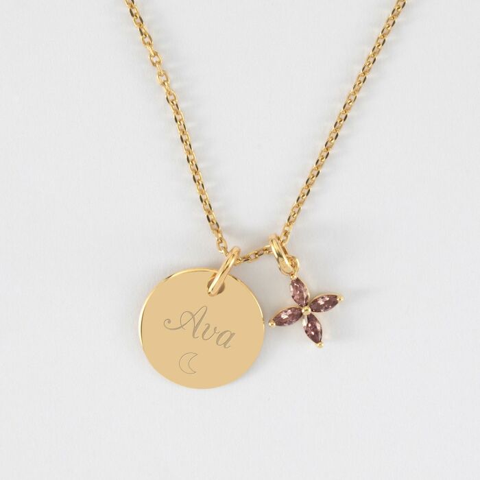 Pendentif enfant personnalisé médaille gravée plaqué or 15 mm et breloque fleur pétales 10 mm