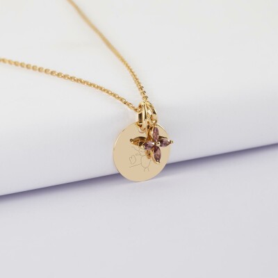 Pendentif personnalisé médaille gravée plaqué or 15 mm et breloque fleur pétales 10 mm