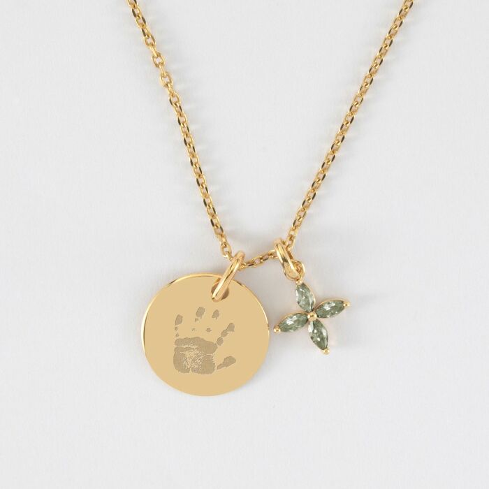 Pendentif personnalisé médaille gravée plaqué or 15 mm et breloque fleur pétales 10 mm