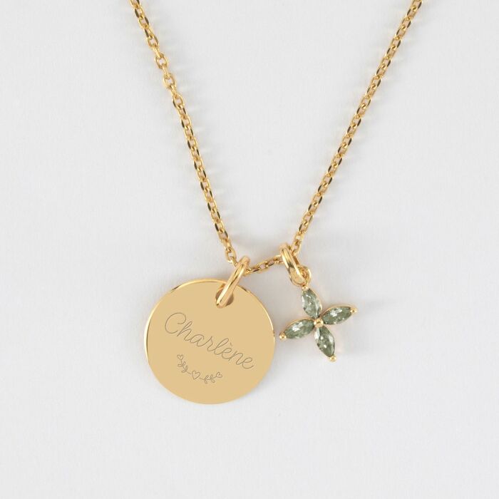 Pendentif personnalisé médaille gravée plaqué or 15 mm et breloque fleur pétales 10 mm