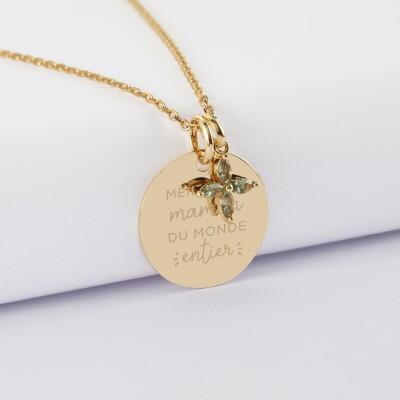 Pendentif personnalisé médaille gravée plaqué or 19 mm et breloque fleur pétales 10 mm