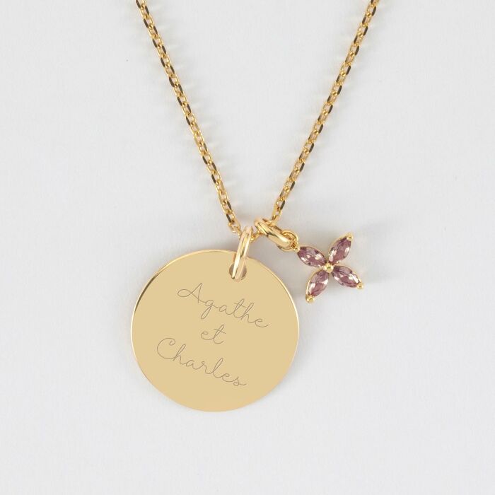 Pendentif personnalisé médaille gravée plaqué or 19 mm et breloque fleur pétales 10 mm