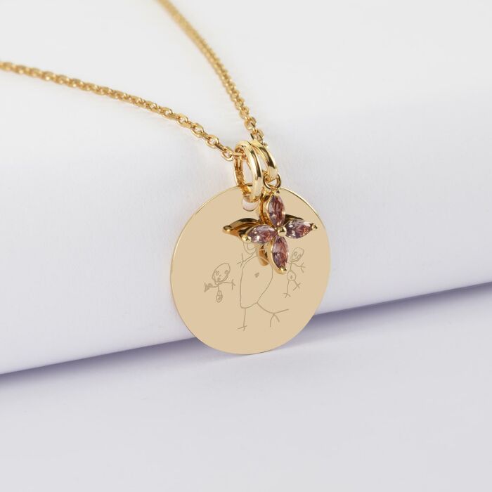 Pendentif personnalisé médaille gravée plaqué or 19 mm et breloque fleur pétales 10 mm