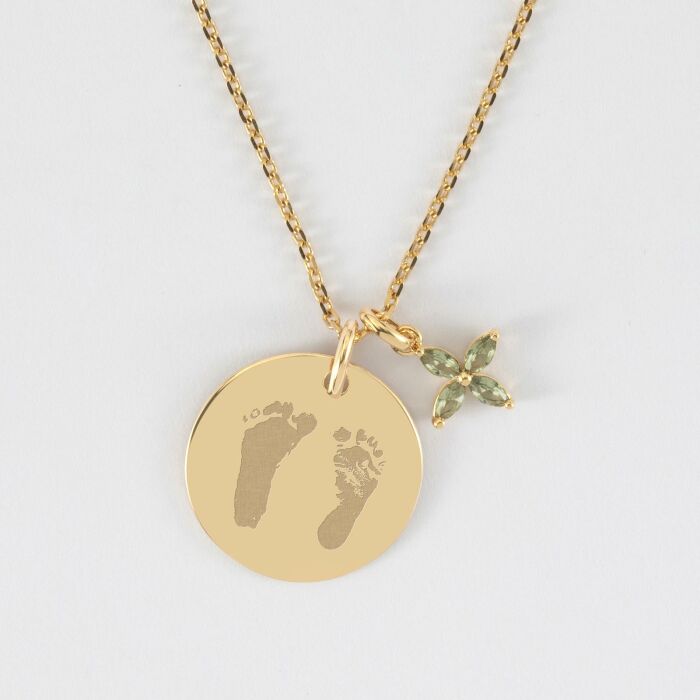 Pendentif personnalisé médaille gravée plaqué or 19 mm et breloque fleur pétales 10 mm