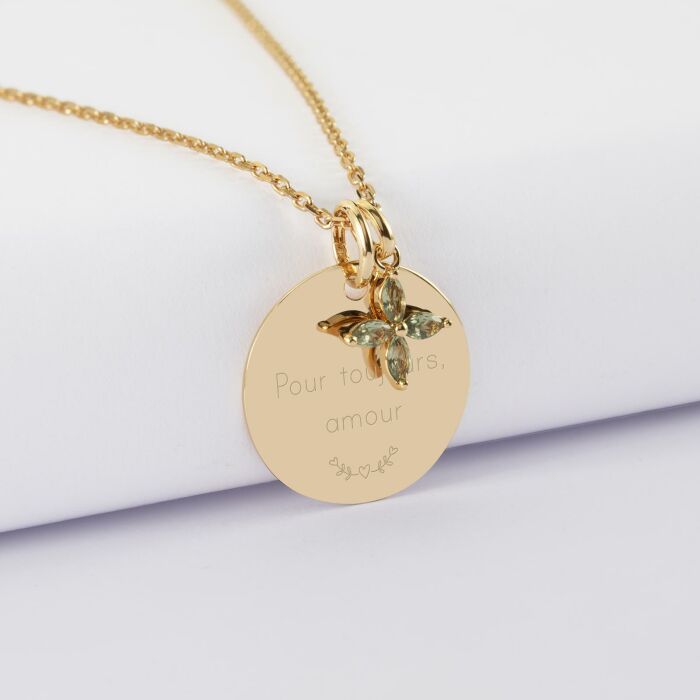 Pendentif personnalisé médaille gravée plaqué or 19 mm et breloque fleur pétales 10 mm