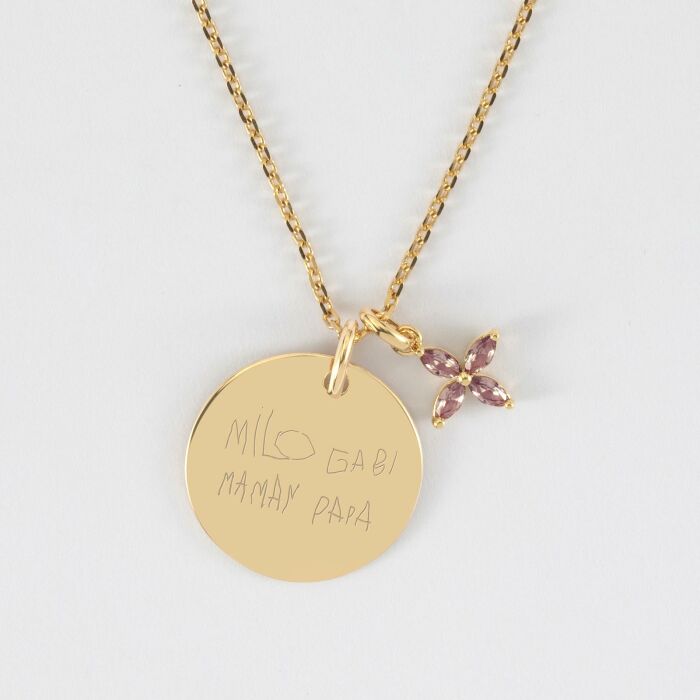 Pendentif personnalisé médaille gravée plaqué or 19 mm et breloque fleur pétales 10 mm