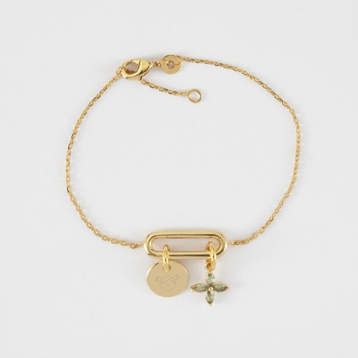 Bracelet chaîne ovale ouvert personnalisé médaille gravée plaqué or 10 mm et breloque fleur pétales 10 mm