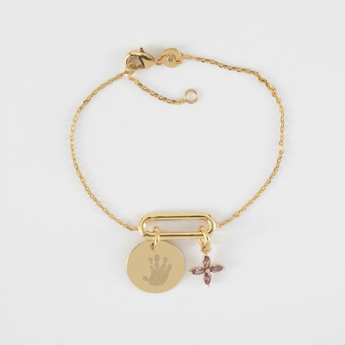 Bracelet chaîne ovale ouvert personnalisé médaille gravée plaqué or 15 mm et breloque fleur pétales 10 mm