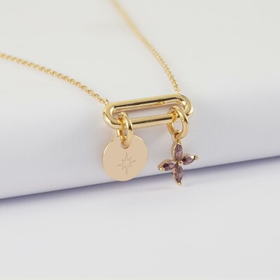 Collier chaîne ovale ouvert personnalisé médaille gravée plaqué or 10 mm et breloque fleur pétales 10 mm