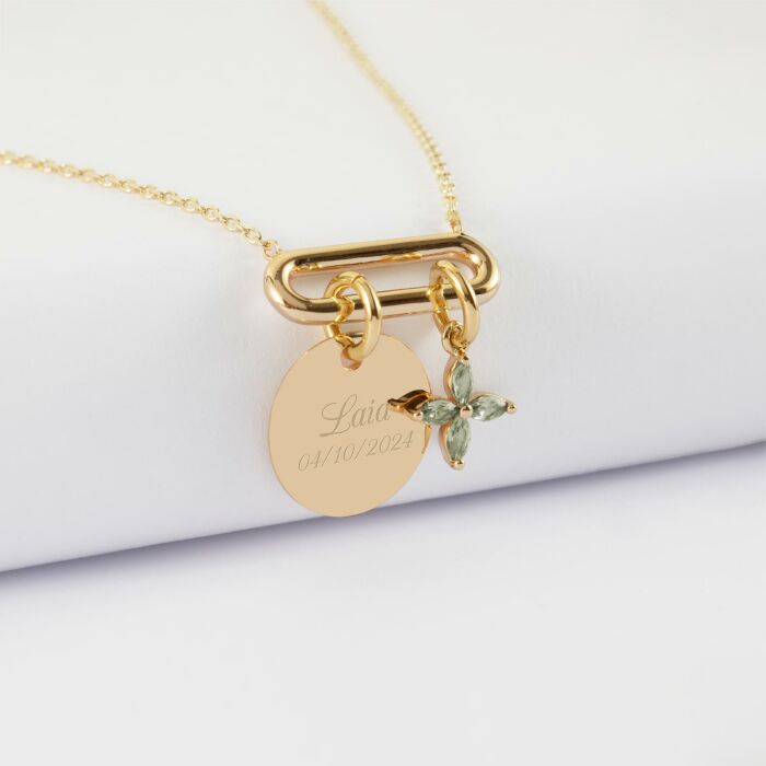 Collier chaîne ovale ouvert personnalisé médaille gravée plaqué or 15 mm et breloque fleur pétales 10 mm