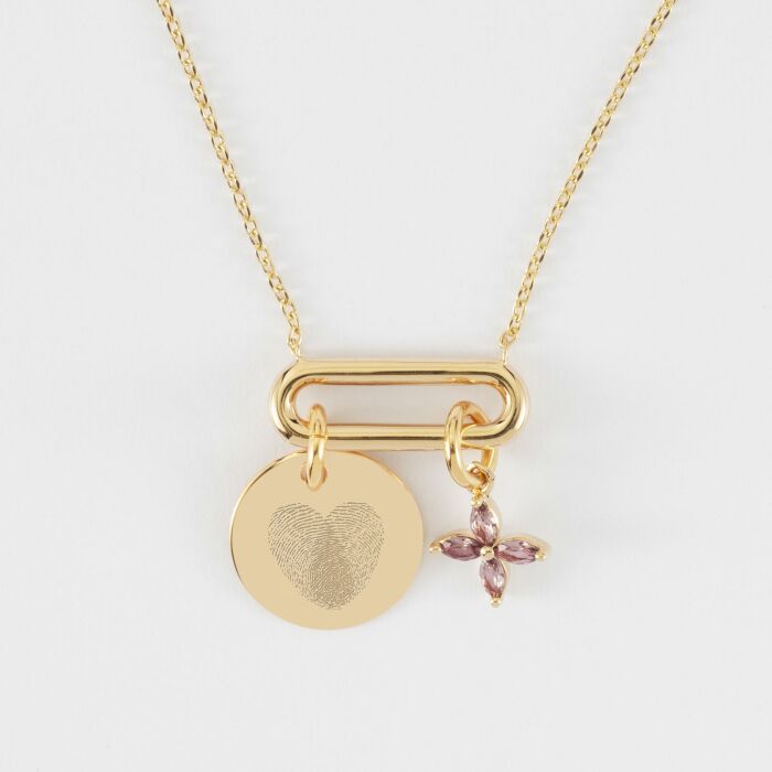 Collier chaîne ovale ouvert personnalisé médaille gravée plaqué or 15 mm et breloque fleur pétales 10 mm