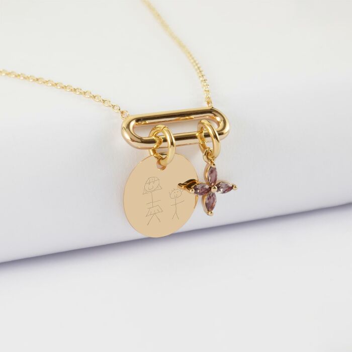 Collier chaîne ovale ouvert personnalisé médaille gravée plaqué or 15 mm et breloque fleur pétales 10 mm