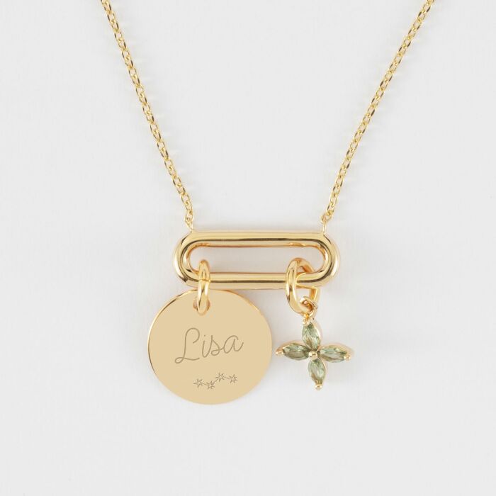 Collier chaîne ovale ouvert personnalisé médaille gravée plaqué or 15 mm et breloque fleur pétales 10 mm