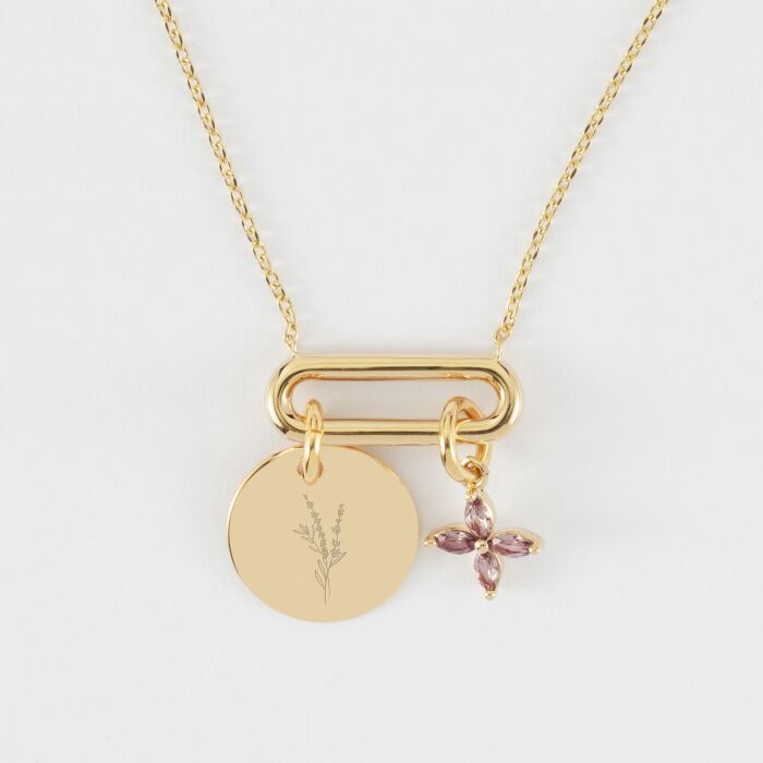 Collier chaîne ovale ouvert personnalisé médaille gravée plaqué or 15 mm et breloque fleur pétales 10 mm