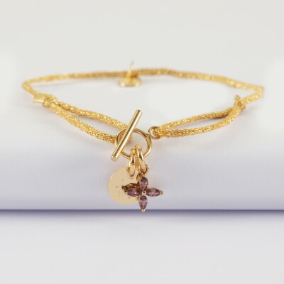 Bracelet fermoir personnalisé cordon pailleté médaille gravée plaqué or 10 mm et breloque fleur pétales 10 mm