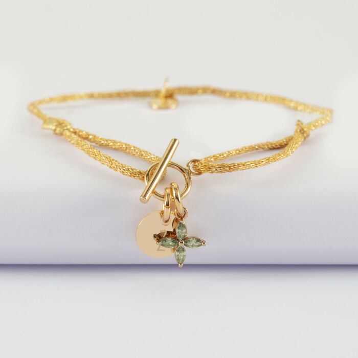 Bracelet fermoir personnalisé cordon pailleté médaille gravée plaqué or 10 mm et breloque fleur pétales 10 mm