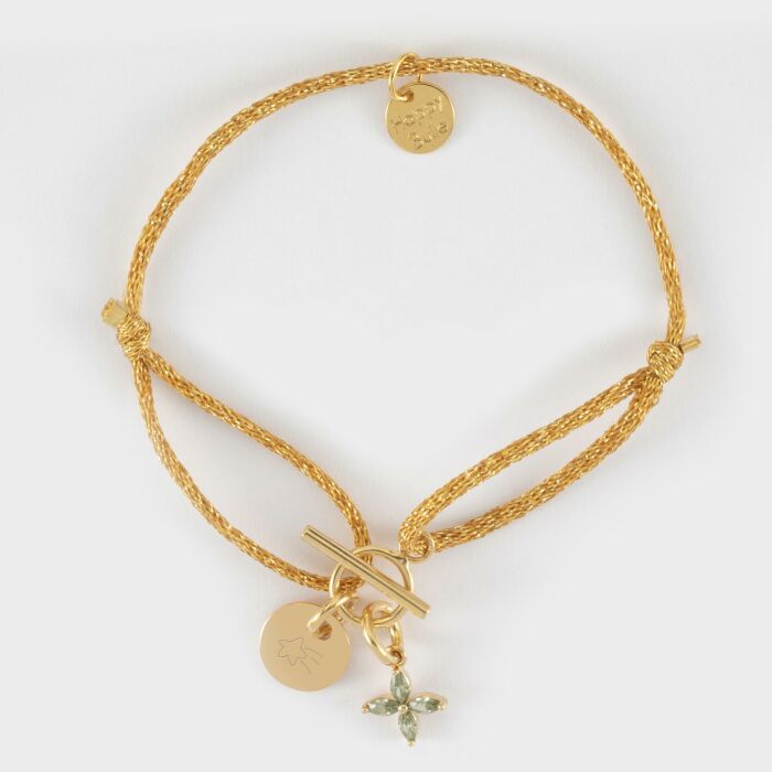 Bracelet fermoir personnalisé cordon pailleté médaille gravée plaqué or 10 mm et breloque fleur pétales 10 mm