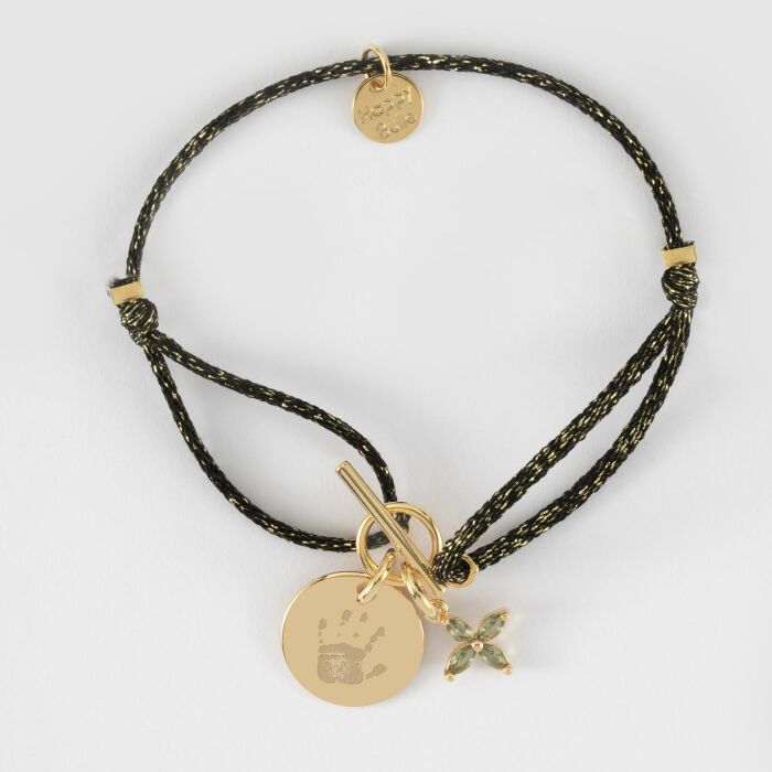 Bracelet fermoir personnalisé cordon pailleté médaille gravée plaqué or 15 mm et breloque fleur pétales 10 mm