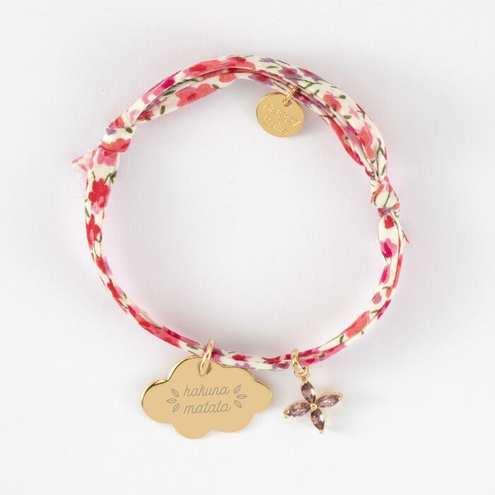 Bracelet enfant Liberty personnalisé médaille gravée plaqué or nuage 20x14 mm et breloque fleur pétales 10 mm