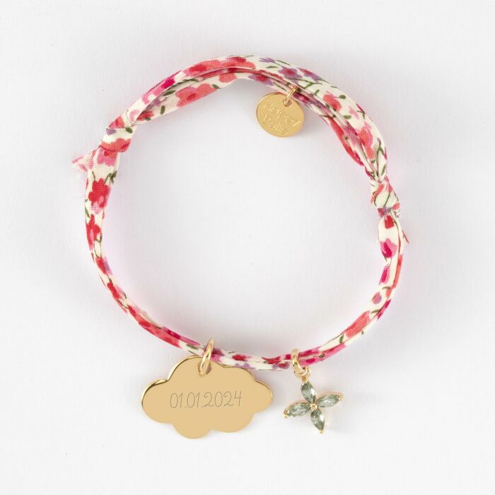 Bracelet enfant Liberty personnalisé médaille gravée plaqué or nuage 20x14 mm et breloque fleur pétales 10 mm