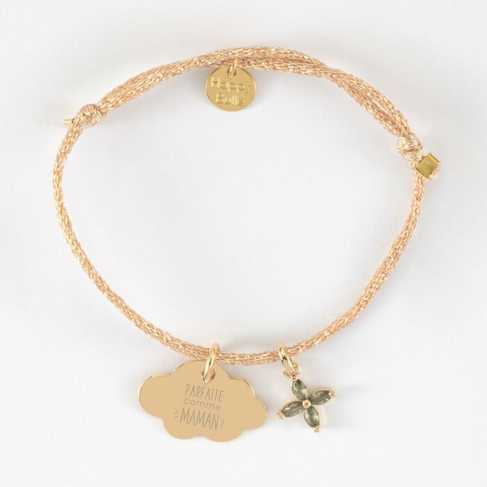 Bracelet enfant personnalisé cordon pailleté médaille gravée plaqué or plaqué or nuage 20x14 mm et breloque fleur pétales 10 mm