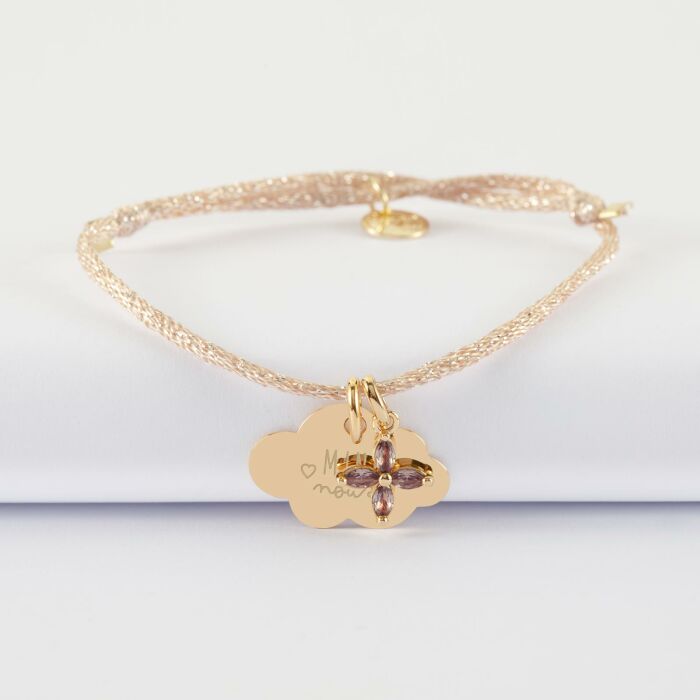 Bracelet enfant personnalisé cordon pailleté médaille gravée plaqué or plaqué or nuage 20x14 mm et breloque fleur pétales 10 mm