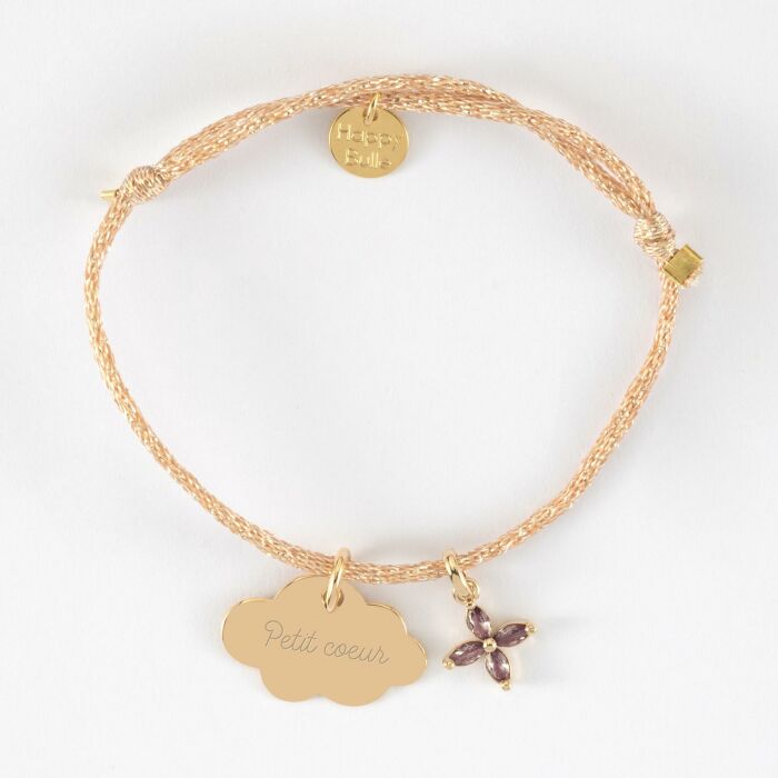 Bracelet enfant personnalisé cordon pailleté médaille gravée plaqué or plaqué or nuage 20x14 mm et breloque fleur pétales 10 mm