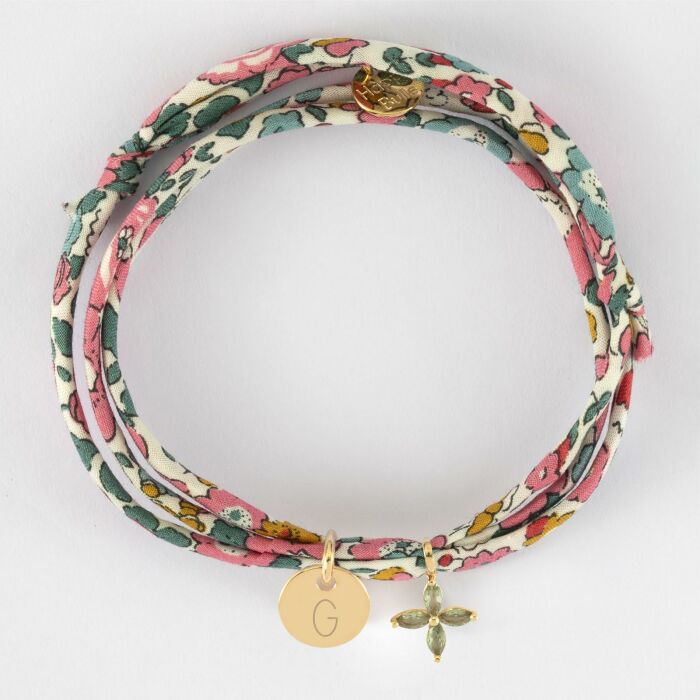Bracelet 3 tours Liberty personnalisé médaille gravée plaqué or 10 mm et breloque fleur pétales 10 mm