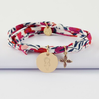 Bracelet 3 tours Liberty personnalisé médaille gravée plaqué or 15 mm et breloque fleur pétales 10 mm