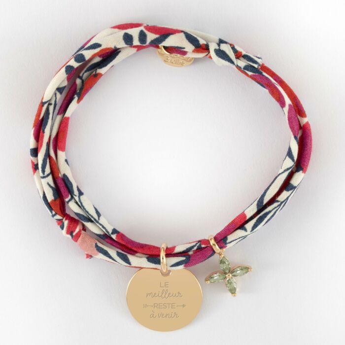 Bracelet 3 tours Liberty personnalisé médaille gravée plaqué or 15 mm et breloque fleur pétales 10 mm