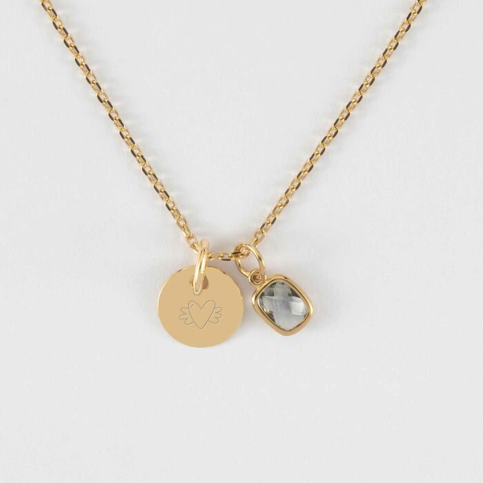 Pendentif enfant personnalisé médaille gravée plaqué or 10 mm et breloque rectangle zircon plaqué or 9 mm