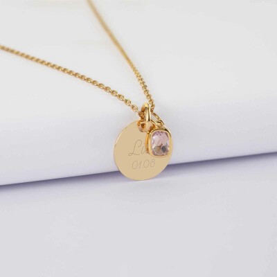 Pendentif enfant personnalisé médaille gravée plaqué or 15 mm et breloque rectangle zircon plaqué or 9 mm