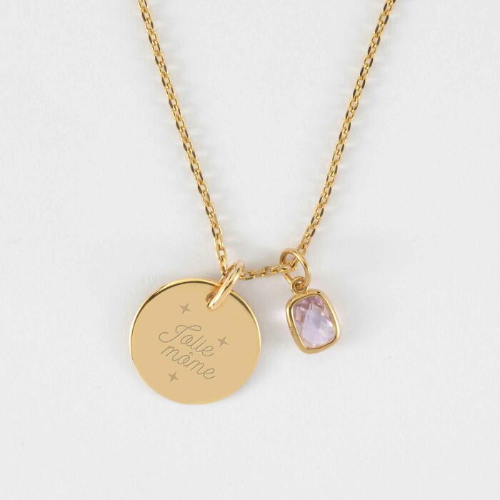 Pendentif enfant personnalisé médaille gravée plaqué or 15 mm et breloque rectangle zircon plaqué or 9 mm