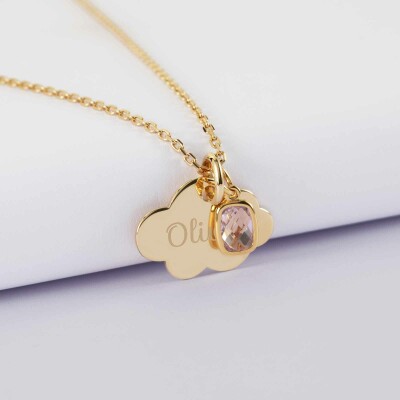 Pendentif enfant personnalisé médaille gravée plaqué or nuage 20x14 mm et breloque rectangle zircon plaqué or 9 mm