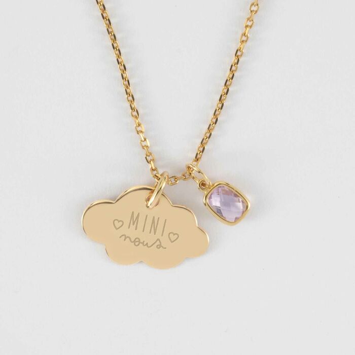 Pendentif enfant personnalisé médaille gravée plaqué or nuage 20x14 mm et breloque rectangle zircon plaqué or 9 mm