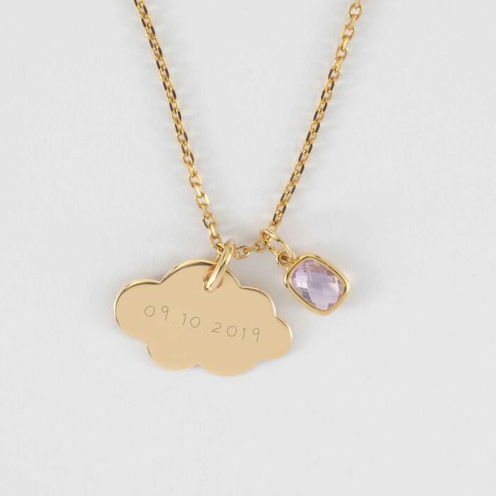 Pendentif enfant personnalisé médaille gravée plaqué or nuage 20x14 mm et breloque rectangle zircon plaqué or 9 mm