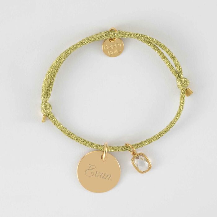 Bracelet personnalisé cordon pailleté médaille gravée plaqué or 15 mm et breloque rectangle zircon plaqué or 9 mm