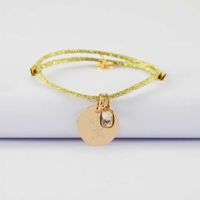 Bracelet personnalisé cordon pailleté médaille gravée plaqué or 15 mm et breloque rectangle zircon plaqué or 9 mm