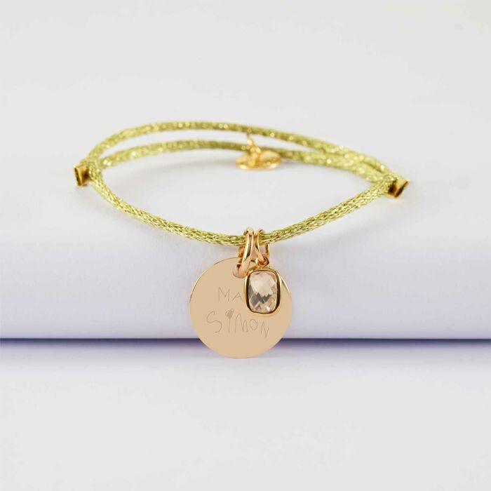 Bracelet personnalisé cordon pailleté médaille gravée plaqué or 15 mm et breloque rectangle zircon plaqué or 9 mm