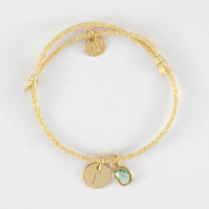 Bracelet personnalisé cordon pailleté médaille gravée plaqué or 10 mm et breloque rectangle zircon plaqué or 9 mm