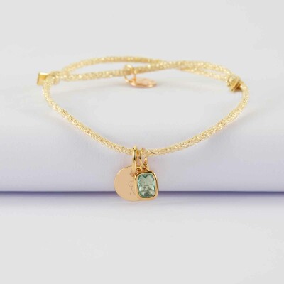 Bracelet personnalisé cordon pailleté médaille gravée plaqué or 10 mm et breloque rectangle zircon plaqué or 9 mm