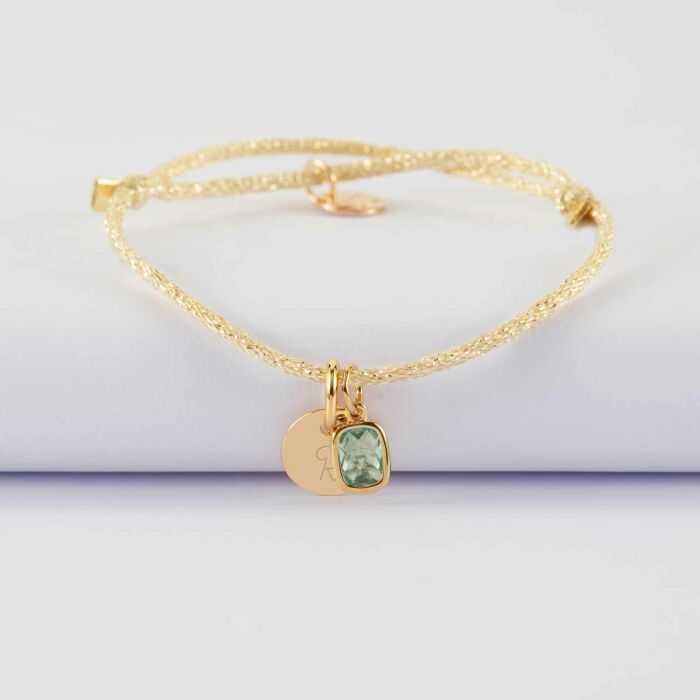 Bracelet personnalisé cordon pailleté médaille gravée plaqué or 10 mm et breloque rectangle zircon plaqué or 9 mm