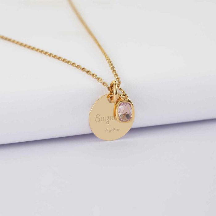 Pendentif personnalisé médaille gravée plaqué or 15 mm et breloque rectangle zircon plaqué or 9 mm