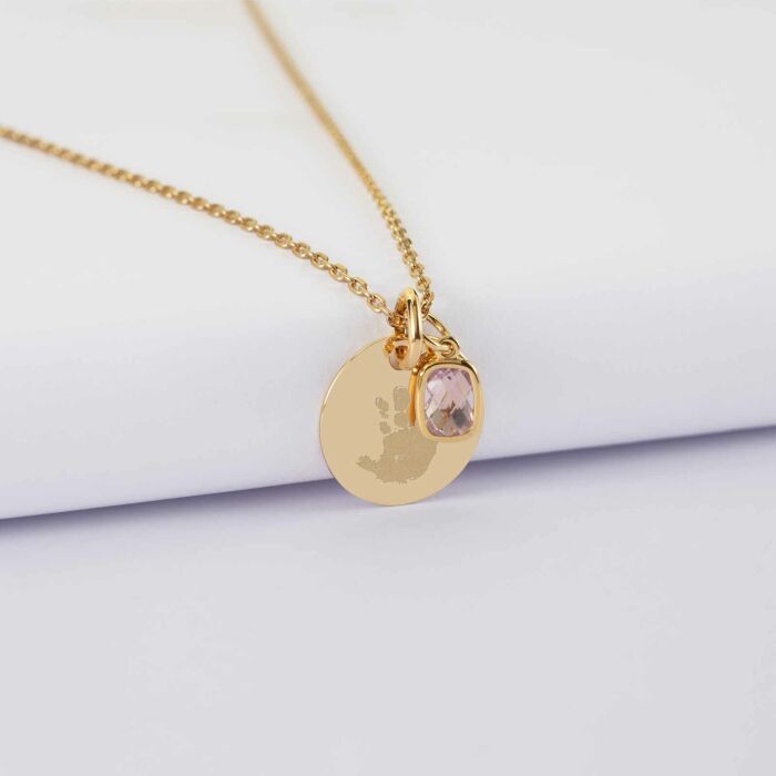 Pendentif personnalisé médaille gravée plaqué or 15 mm et breloque rectangle zircon plaqué or 9 mm