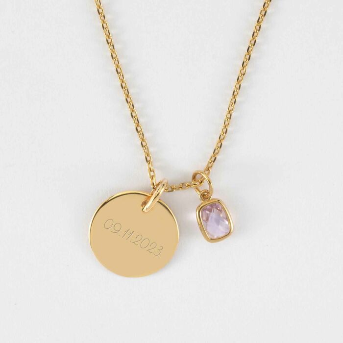 Pendentif personnalisé médaille gravée plaqué or 15 mm et breloque rectangle zircon plaqué or 9 mm