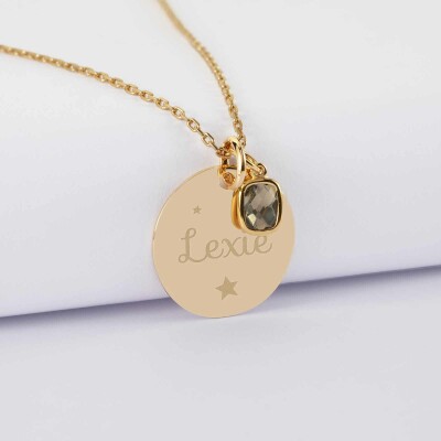 Pendentif personnalisé médaille gravée plaqué or 19 mm et breloque rectangle zircon plaqué or 9 mm