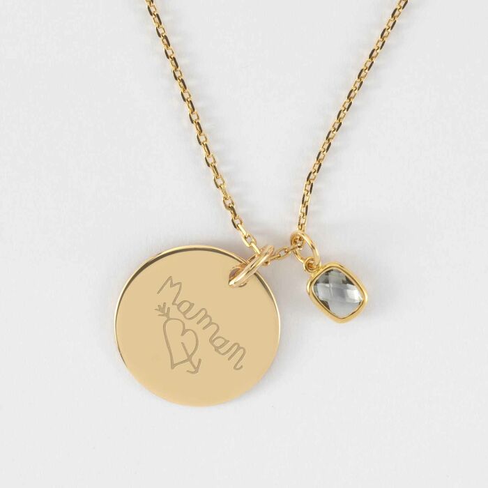 Pendentif personnalisé médaille gravée plaqué or 19 mm et breloque rectangle zircon plaqué or 9 mm