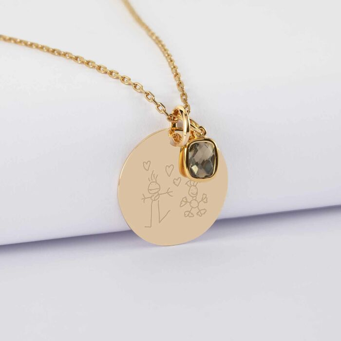 Pendentif personnalisé médaille gravée plaqué or 19 mm et breloque rectangle zircon plaqué or 9 mm